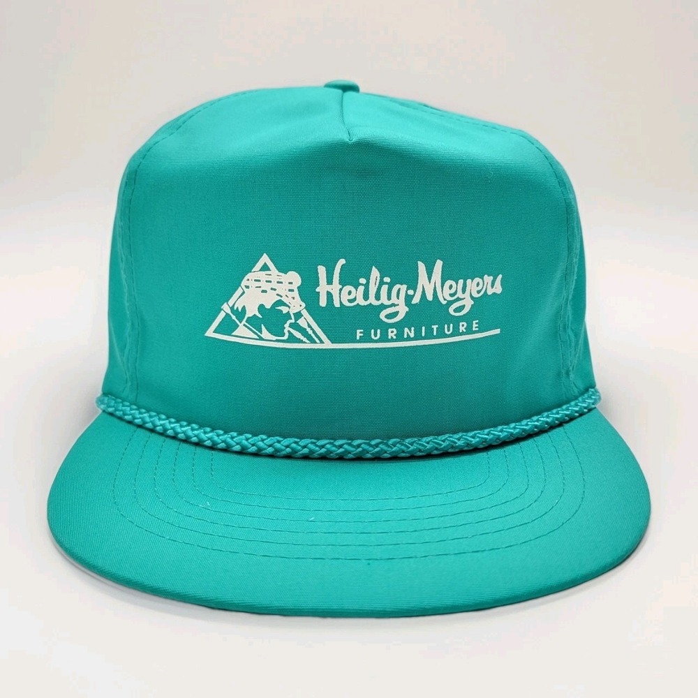 Vintage 80's Heilig Meyers Furniture Hat Teal Golf Style Zipback Rope Cap